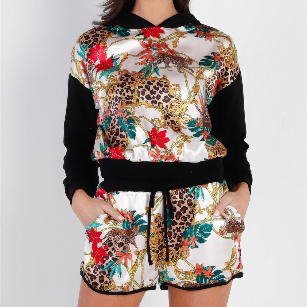Black & Ivory Satin Effect Animal Print Hooded Top & Short Set